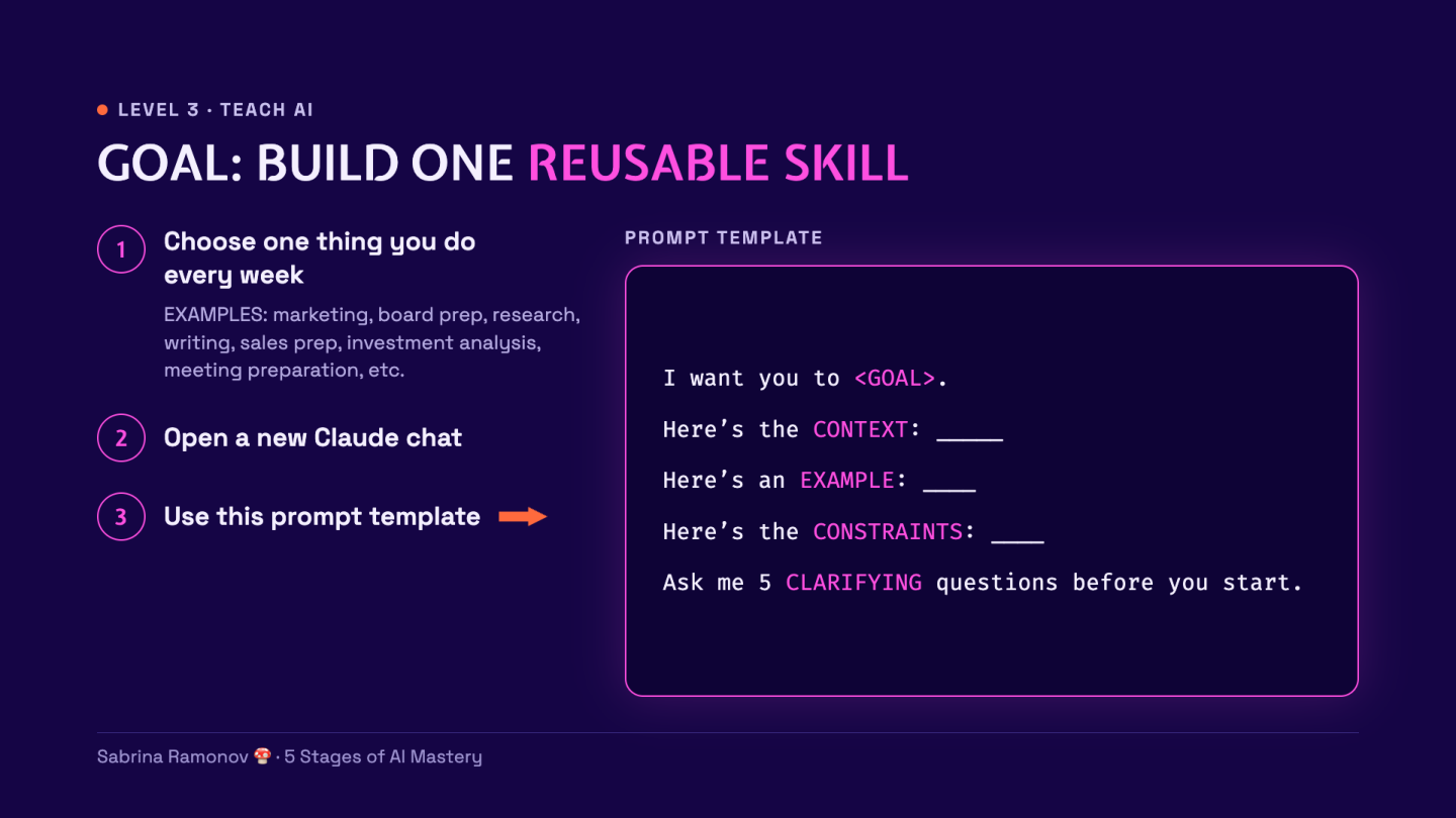 Reusable skill template includes a goal, context, example, constraints, and 5 questions.