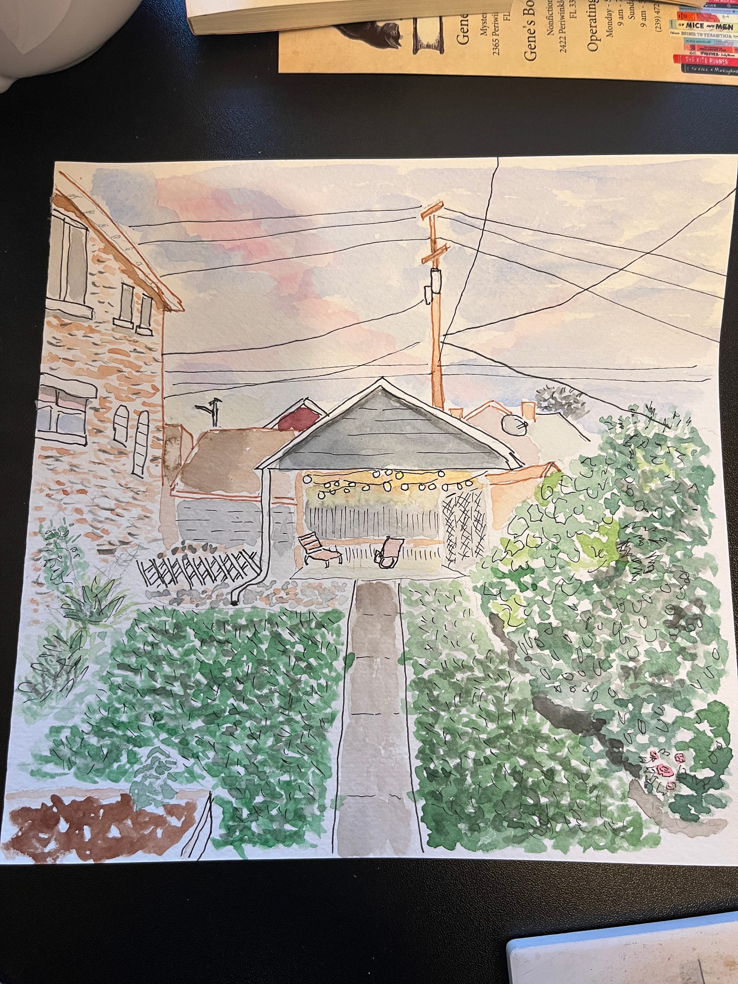 Water color of out building in the bakcyard with little lights on inside Water color of out building in the bakcyard with little lights on inside