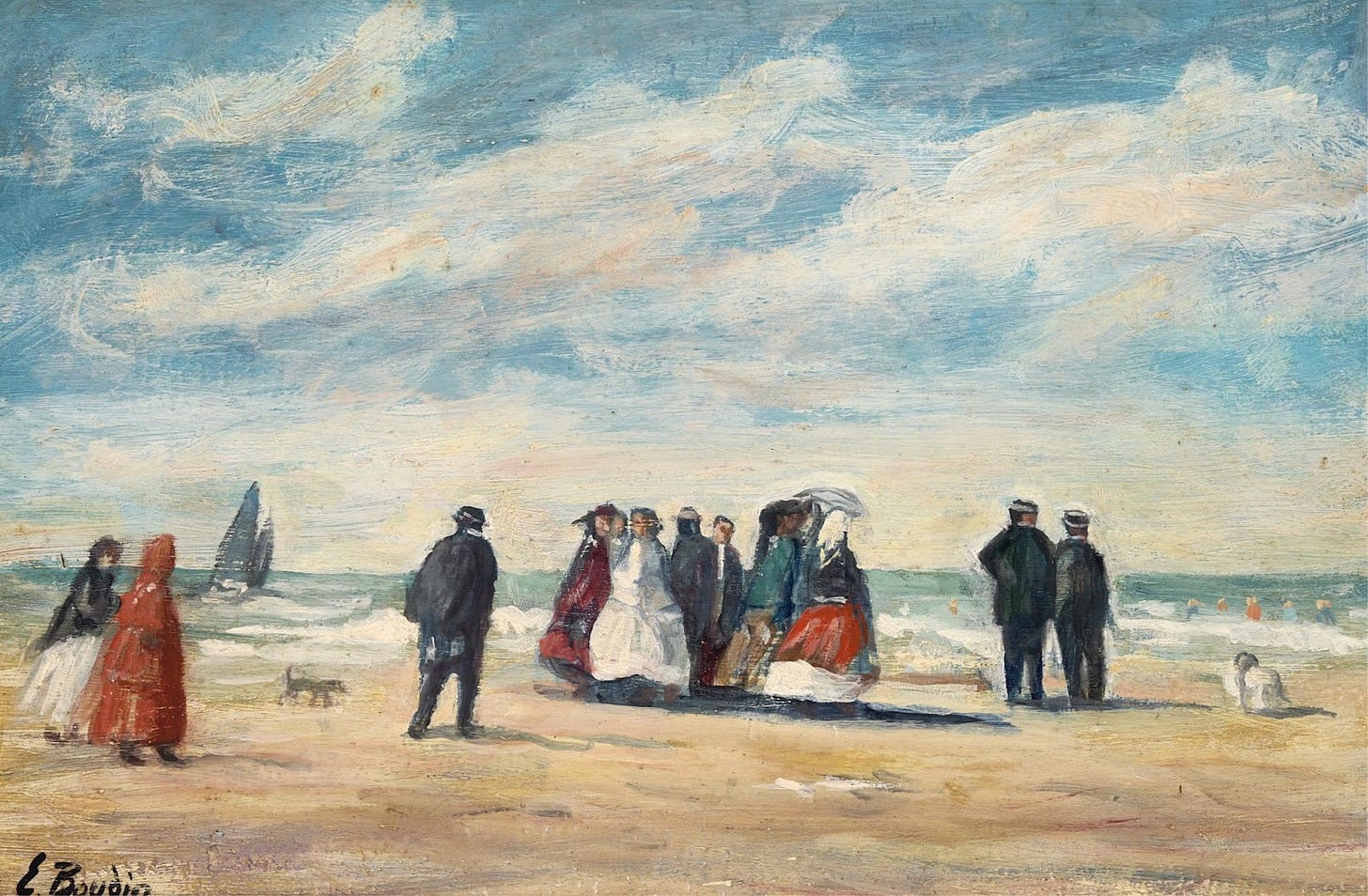 Art forgery by Elmyr de Hory, 1960 oil on board, in the style of Eugene Boudin’s 1864 painting, The Beach at Villerville. (Image source: Invaluable / Creative Commons)