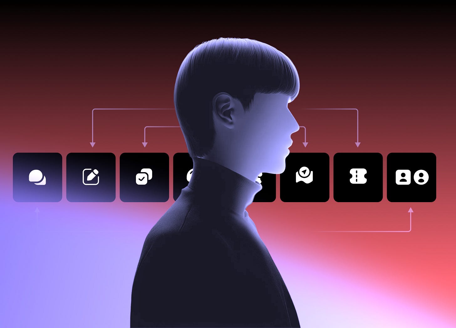 Illustration of a person in profile with a horizontal row of AI intent-mode icons behind them, connected by arrows.