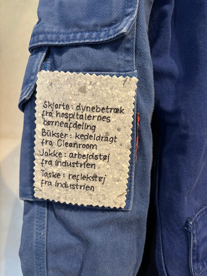 several photos of mannequins in clothes made from discarded materials