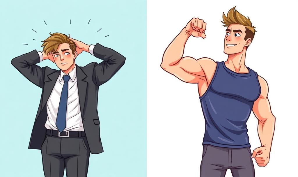 A split-screen illustration showing the same person on different days—one side showing someone exhausted in business attire looking dejected, the other side showing the same person energized post-workout with confident body language, with lighting emphasizing the contrast in energy states.