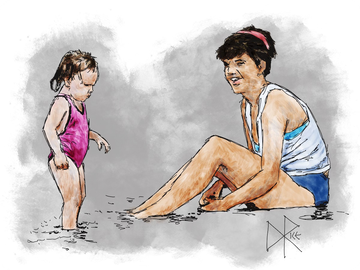A toddler walks unsteadily in the shallow water at the beach as a woman sits nearby and watches in amusement and affection. Sketch art by Don Rice. A toddler walks unsteadily in the shallow water at the beach as a woman sits nearby and watches in amusement and affection. Sketch art by Don Rice.