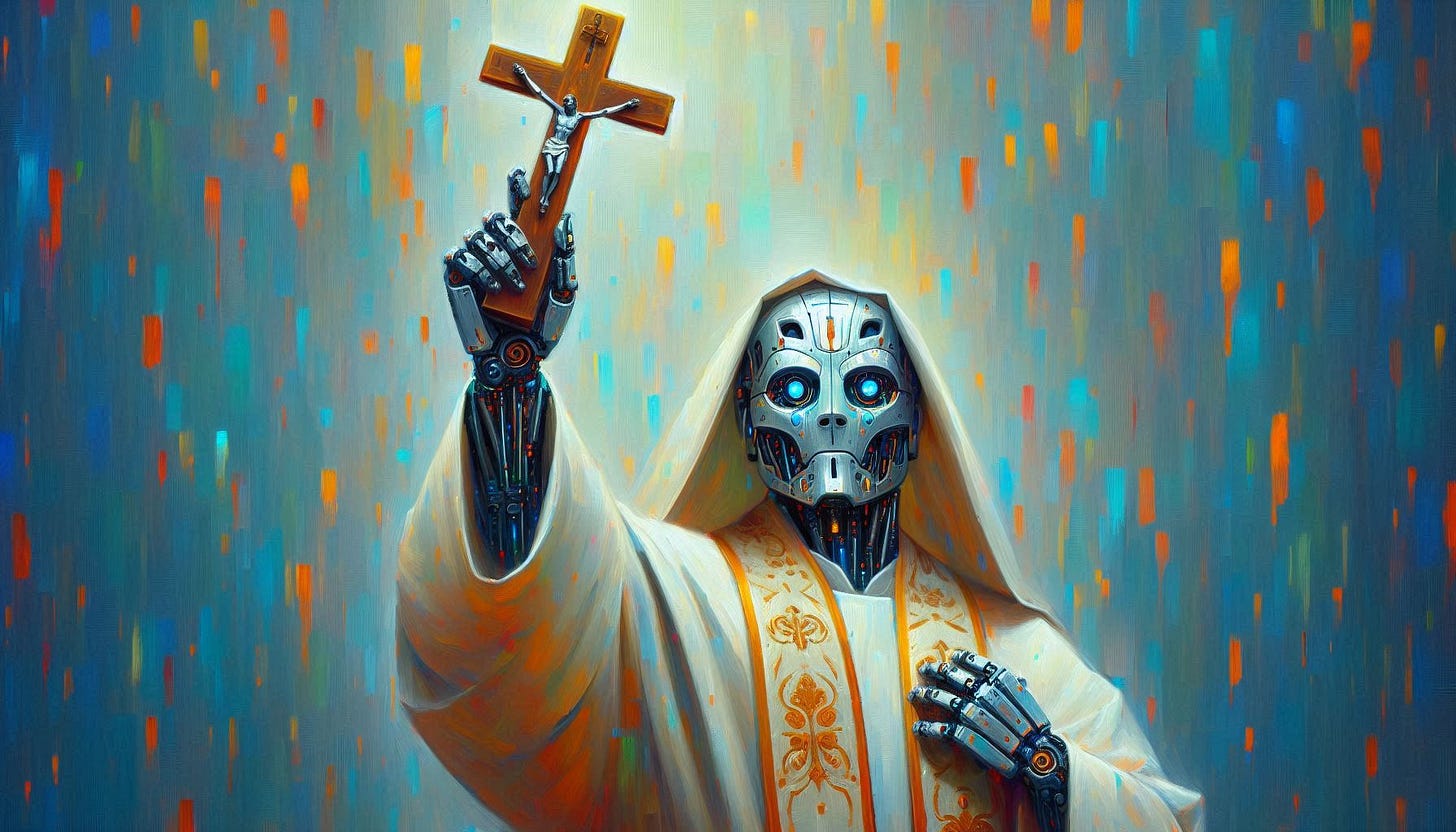 A cyborg dressed in a white robe raises a crucifix as if offering a blessing. Slight impressionist style.