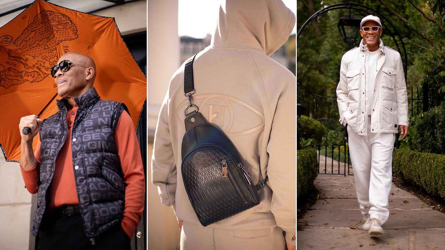 An umbrella, bag and outfit from the Ping x Hideoki collection