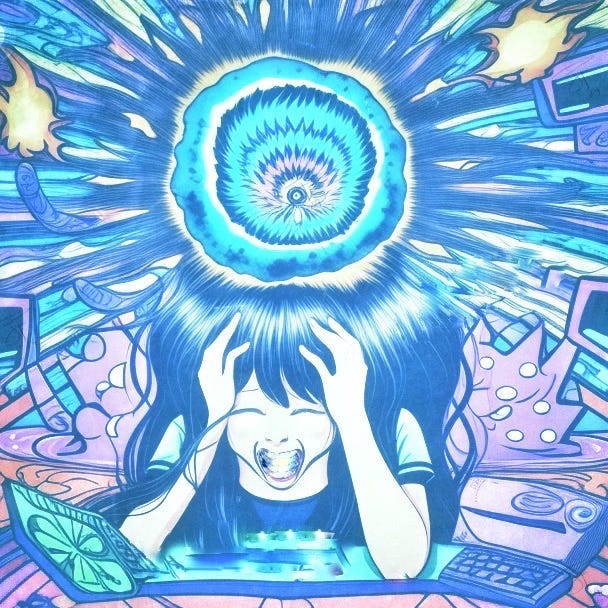 cartoon girl crying at her computer while everything explodes around her