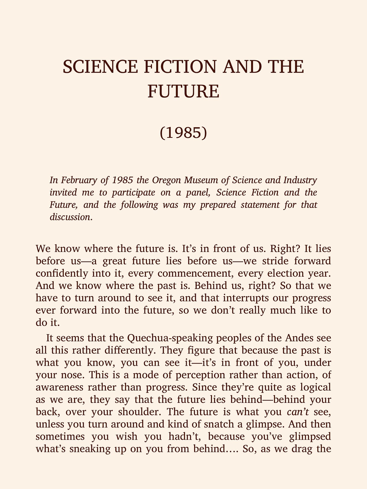 a screenshot of the first page of Ursula K. Le Guin's speech, "Science Fiction and the Future" from 1985.