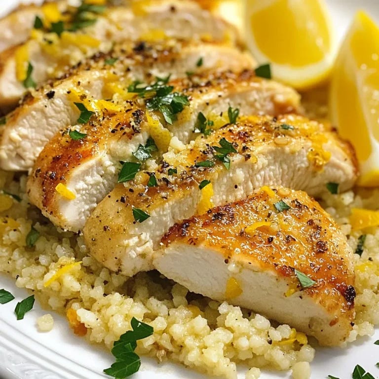 - 2 boneless, skinless chicken breasts - 1 cup couscous - 1 ½ cups chicken broth (or vegetable broth for a vegetarian option) - Zest of 1 lemon - Juice of 1 lemon - 3 tablespoons olive oil - 2 cloves garlic, minced - 1 teaspoon dried oregano - 1 teaspoon dried thyme - 1 teaspoon ground cumin - Salt and freshly ground pepper to taste - ¼ cup fresh parsley, chopped (for garnish) - Lemon wedges (for serving) The main ingredients in this dish create a bright and zesty flavor. The chicken provides protein, while couscous adds a nice texture. Lemon zest and juice give it a refreshing kick. Garlic, herbs, and spices enhance the overall taste. You can swap chicken for other proteins like turkey or tofu. If you prefer, use quinoa or rice instead of couscous. For a vegan option, replace chicken broth with vegetable broth. Fresh herbs can replace dried ones if you have them. You will need a few basic tools to make this dish. Here’s what I recommend: - Medium mixing bowl for marinating - Medium saucepan for cooking couscous - Large skillet for searing chicken - Fork for fluffing couscous - Cutting board and knife for slicing chicken Having these tools ready makes cooking easier and faster. Enjoy the process of making this simple yet flavorful meal! {{ingredient_image_2}} Start by making a tasty marinade. In a medium bowl, mix 2 tablespoons of olive oil, minced garlic, lemon zest, lemon juice, oregano, thyme, cumin, and salt and pepper. Add the chicken breasts to this mix. Make sure they are fully coated. Cover the bowl with plastic wrap. Let the chicken sit in the fridge for at least 30 minutes, or up to 2 hours. This helps the chicken soak up the flavors. Next, cook the couscous. In a medium saucepan, bring 1 ½ cups of chicken broth to a boil. Once boiling, take the pan off the heat. Stir in 1 cup of couscous. Cover the pan with a lid. Let it sit for about 5 minutes. This allows the couscous to absorb all the liquid. After 5 minutes, use a fork to fluff the couscous and then set it aside. Now, it’s time to cook the chicken. Heat 1 tablespoon of olive oil in a large skillet over medium heat. Once the oil is hot, add the marinated chicken breasts. Cook them for 5-7 minutes on each side. Look for a golden brown color and an internal temperature of 165°F. Once cooked, place the chicken on a cutting board. Let it rest for a few minutes before slicing it into strips. In a large bowl, mix the fluffed couscous with any leftover marinade from the chicken. Taste the mixture and adjust with more salt or pepper if needed. Gently fold in the chopped parsley for a fresh touch. To serve, place the sliced chicken on top of a bed of lemon herb couscous. Garnish with extra parsley and lemon wedges to add color and freshness. Serve this meal hot for the best experience. Enjoy the bright flavors and beautiful presentation! To make a great marinade, start with a mix of oil and acid. Use lemon juice and zest for a bright, fresh taste. Add minced garlic for depth and a pinch of salt for balance. Dried herbs like oregano and thyme give your chicken a lovely aroma. Letting the chicken sit in this mix for at least 30 minutes allows the flavors to soak in. If you have time, marinate it for two hours. This extra time really boosts the flavor. Cooking chicken can be simple. First, heat your skillet until the oil shimmers. This means it’s hot enough. Place the marinated chicken in the pan gently. Cook each side for about 5 to 7 minutes. Look for a golden brown color and an internal temperature of 165°F. This ensures your chicken is safe to eat and juicy. After cooking, let it rest for a few minutes. This keeps it moist when you slice it. Fluffing couscous is key to a perfect texture. After cooking, let it sit covered for five minutes. This helps it absorb all the broth. Use a fork to gently fluff it up. This separates the grains and makes it light. For extra flavor, mix in some of the leftover marinade. You can also fold in fresh parsley for a pop of color and taste. This simple step makes your couscous shine on the plate! Pro Tips Marinate for Maximum Flavor: Allow the chicken to marinate for at least 2 hours, or even overnight, to deepen the flavors and make the meat more tender. Use Fresh Herbs: While dried herbs work well, using fresh herbs like parsley or thyme can elevate the dish with brighter flavors and enhanced freshness. Fluff the Couscous: After letting the couscous sit, use a fork to fluff it up instead of a spoon to prevent it from becoming mushy and to maintain the grain's texture. Rest the Chicken: Always let the cooked chicken rest for a few minutes before slicing. This helps the juices redistribute, resulting in juicier chicken. {{image_4}} You can easily make this dish vegetarian or vegan. Instead of chicken, use chickpeas or tofu. Both options provide protein and texture. For the broth, switch to vegetable broth for the same great flavor. You still get the tasty lemon and herb notes. This way, everyone can enjoy a vibrant meal. Feel free to mix and match herbs to fit your taste. Try fresh basil or dill for a different twist. You can also add fresh mint for a refreshing kick. Experiment with different dried herbs like rosemary or parsley. Each change brings a new flavor to your couscous. If you want a change from couscous, try quinoa or bulgur. Both grains cook quickly and absorb flavors well. You can also use farro for a heartier dish. Each grain adds its unique taste and texture, making your meal versatile. Explore different grains to keep your cooking fun! To keep your Lemon Herb Couscous Chicken fresh, place leftovers in an airtight container. Store them in the fridge for up to three days. Make sure to let the food cool down before sealing it. This helps maintain its flavor and texture. For the best taste when reheating, use the stovetop. Heat a skillet over medium heat. Add a splash of water or broth to help steam the couscous. Place the chicken on top and cover the skillet. Heat for about five minutes, or until warm. This method keeps the dish moist and tasty. You can freeze this dish for later use. First, let it cool completely. Then, divide it into portions and place each in a freezer-safe bag. Remove as much air as possible before sealing. You can freeze it for up to three months. To reheat, thaw overnight in the fridge. Then, follow the stovetop reheating tips for the best flavor. Yes, you can! Try using turkey, shrimp, or firm tofu. These proteins work well in this dish. Just adjust the cooking time. For shrimp, cook until they turn pink. For turkey, ensure it reaches 165°F. Tofu needs a nice sear for flavor. Reheat couscous in a saucepan over low heat. Add a splash of broth or water. Stir gently to avoid clumping. You can also use the microwave. Place it in a bowl, cover, and heat for one to two minutes. Fluff it with a fork before serving. To make this dish gluten-free, swap couscous for quinoa or rice. Both options provide a similar texture. Use gluten-free broth to keep the flavors intact. Cook them according to package instructions. This way, you still enjoy the same fresh taste without gluten. Absolutely! Marinating the chicken overnight lets flavors soak in deeply. Just cover it well and store it in the fridge. This method enhances the taste and tenderness of the chicken. You’ll end up with a more flavorful meal. This article covered how to make Lemon Herb Couscous Chicken. We explored the main ingredients, cooking steps, and useful tips. You learned how to marinate chicken and cook couscous perfectly. I also shared storage tips and variations like vegetarian options. Cooking can be fun, and I hope you find joy in trying these ideas. Your meals can be simple, tasty, and healthy. Enjoy your cooking journey! - 2 boneless, skinless chicken breasts - 1 cup couscous - 1 ½ cups chicken broth (or vegetable broth for a vegetarian option) - Zest of 1 lemon - Juice of 1 lemon - 3 tablespoons olive oil - 2 cloves garlic, minced - 1 teaspoon dried oregano - 1 teaspoon dried thyme - 1 teaspoon ground cumin - Salt and freshly ground pepper to taste - ¼ cup fresh parsley, chopped (for garnish) - Lemon wedges (for serving) The main ingredients in this dish create a bright and zesty flavor. The chicken provides protein, while couscous adds a nice texture. Lemon zest and juice give it a refreshing kick. Garlic, herbs, and spices enhance the overall taste. You can swap chicken for other proteins like turkey or tofu. If you prefer, use quinoa or rice instead of couscous. For a vegan option, replace chicken broth with vegetable broth. Fresh herbs can replace dried ones if you have them. You will need a few basic tools to make this dish. Here’s what I recommend: - Medium mixing bowl for marinating - Medium saucepan for cooking couscous - Large skillet for searing chicken - Fork for fluffing couscous - Cutting board and knife for slicing chicken Having these tools ready makes cooking easier and faster. Enjoy the process of making this simple yet flavorful meal! {{ingredient_image_2}} Start by making a tasty marinade. In a medium bowl, mix 2 tablespoons of olive oil, minced garlic, lemon zest, lemon juice, oregano, thyme, cumin, and salt and pepper. Add the chicken breasts to this mix. Make sure they are fully coated. Cover the bowl with plastic wrap. Let the chicken sit in the fridge for at least 30 minutes, or up to 2 hours. This helps the chicken soak up the flavors. Next, cook the couscous. In a medium saucepan, bring 1 ½ cups of chicken broth to a boil. Once boiling, take the pan off the heat. Stir in 1 cup of couscous. Cover the pan with a lid. Let it sit for about 5 minutes. This allows the couscous to absorb all the liquid. After 5 minutes, use a fork to fluff the couscous and then set it aside. Now, it’s time to cook the chicken. Heat 1 tablespoon of olive oil in a large skillet over medium heat. Once the oil is hot, add the marinated chicken breasts. Cook them for 5-7 minutes on each side. Look for a golden brown color and an internal temperature of 165°F. Once cooked, place the chicken on a cutting board. Let it rest for a few minutes before slicing it into strips. In a large bowl, mix the fluffed couscous with any leftover marinade from the chicken. Taste the mixture and adjust with more salt or pepper if needed. Gently fold in the chopped parsley for a fresh touch. To serve, place the sliced chicken on top of a bed of lemon herb couscous. Garnish with extra parsley and lemon wedges to add color and freshness. Serve this meal hot for the best experience. Enjoy the bright flavors and beautiful presentation! To make a great marinade, start with a mix of oil and acid. Use lemon juice and zest for a bright, fresh taste. Add minced garlic for depth and a pinch of salt for balance. Dried herbs like oregano and thyme give your chicken a lovely aroma. Letting the chicken sit in this mix for at least 30 minutes allows the flavors to soak in. If you have time, marinate it for two hours. This extra time really boosts the flavor. Cooking chicken can be simple. First, heat your skillet until the oil shimmers. This means it’s hot enough. Place the marinated chicken in the pan gently. Cook each side for about 5 to 7 minutes. Look for a golden brown color and an internal temperature of 165°F. This ensures your chicken is safe to eat and juicy. After cooking, let it rest for a few minutes. This keeps it moist when you slice it. Fluffing couscous is key to a perfect texture. After cooking, let it sit covered for five minutes. This helps it absorb all the broth. Use a fork to gently fluff it up. This separates the grains and makes it light. For extra flavor, mix in some of the leftover marinade. You can also fold in fresh parsley for a pop of color and taste. This simple step makes your couscous shine on the plate! Pro Tips Marinate for Maximum Flavor: Allow the chicken to marinate for at least 2 hours, or even overnight, to deepen the flavors and make the meat more tender. Use Fresh Herbs: While dried herbs work well, using fresh herbs like parsley or thyme can elevate the dish with brighter flavors and enhanced freshness. Fluff the Couscous: After letting the couscous sit, use a fork to fluff it up instead of a spoon to prevent it from becoming mushy and to maintain the grain's texture. Rest the Chicken: Always let the cooked chicken rest for a few minutes before slicing. This helps the juices redistribute, resulting in juicier chicken. {{image_4}} You can easily make this dish vegetarian or vegan. Instead of chicken, use chickpeas or tofu. Both options provide protein and texture. For the broth, switch to vegetable broth for the same great flavor. You still get the tasty lemon and herb notes. This way, everyone can enjoy a vibrant meal. Feel free to mix and match herbs to fit your taste. Try fresh basil or dill for a different twist. You can also add fresh mint for a refreshing kick. Experiment with different dried herbs like rosemary or parsley. Each change brings a new flavor to your couscous. If you want a change from couscous, try quinoa or bulgur. Both grains cook quickly and absorb flavors well. You can also use farro for a heartier dish. Each grain adds its unique taste and texture, making your meal versatile. Explore different grains to keep your cooking fun! To keep your Lemon Herb Couscous Chicken fresh, place leftovers in an airtight container. Store them in the fridge for up to three days. Make sure to let the food cool down before sealing it. This helps maintain its flavor and texture. For the best taste when reheating, use the stovetop. Heat a skillet over medium heat. Add a splash of water or broth to help steam the couscous. Place the chicken on top and cover the skillet. Heat for about five minutes, or until warm. This method keeps the dish moist and tasty. You can freeze this dish for later use. First, let it cool completely. Then, divide it into portions and place each in a freezer-safe bag. Remove as much air as possible before sealing. You can freeze it for up to three months. To reheat, thaw overnight in the fridge. Then, follow the stovetop reheating tips for the best flavor. Yes, you can! Try using turkey, shrimp, or firm tofu. These proteins work well in this dish. Just adjust the cooking time. For shrimp, cook until they turn pink. For turkey, ensure it reaches 165°F. Tofu needs a nice sear for flavor. Reheat couscous in a saucepan over low heat. Add a splash of broth or water. Stir gently to avoid clumping. You can also use the microwave. Place it in a bowl, cover, and heat for one to two minutes. Fluff it with a fork before serving. To make this dish gluten-free, swap couscous for quinoa or rice. Both options provide a similar texture. Use gluten-free broth to keep the flavors intact. Cook them according to package instructions. This way, you still enjoy the same fresh taste without gluten. Absolutely! Marinating the chicken overnight lets flavors soak in deeply. Just cover it well and store it in the fridge. This method enhances the taste and tenderness of the chicken. You’ll end up with a more flavorful meal. This article covered how to make Lemon Herb Couscous Chicken. We explored the main ingredients, cooking steps, and useful tips. You learned how to marinate chicken and cook couscous perfectly. I also shared storage tips and variations like vegetarian options. Cooking can be fun, and I hope you find joy in trying these ideas. Your meals can be simple, tasty, and healthy. Enjoy your cooking journey!