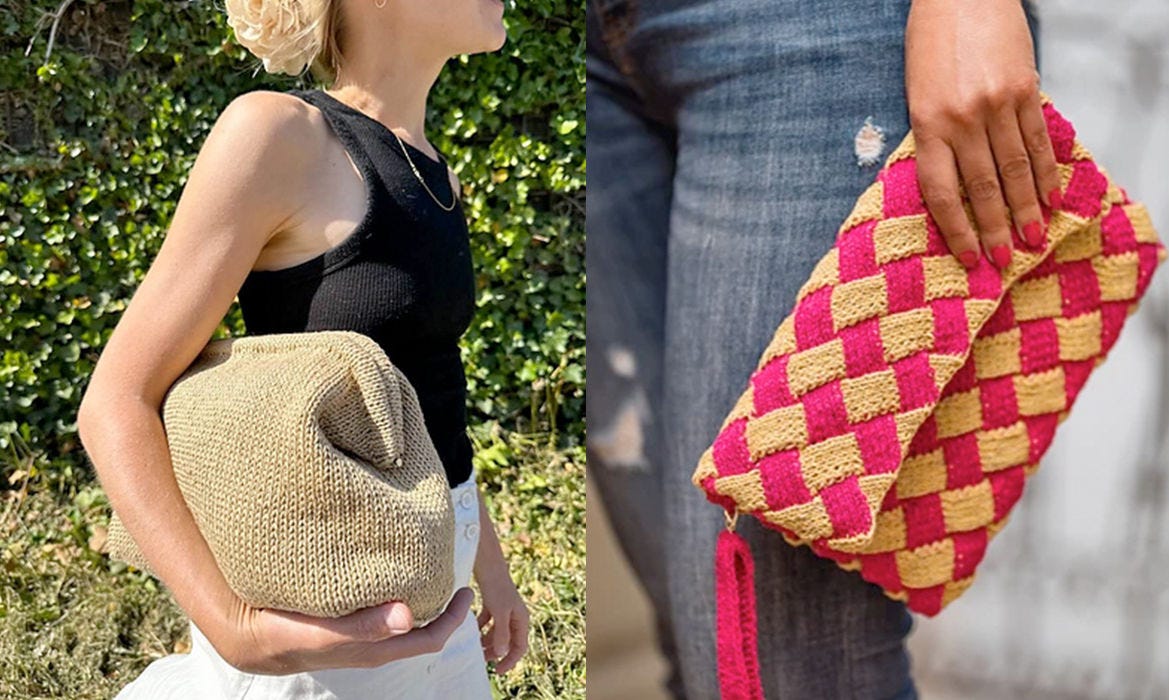 on the left, woman holding a large clutch, on the right, hand holds pink and yellow entrelac clutch