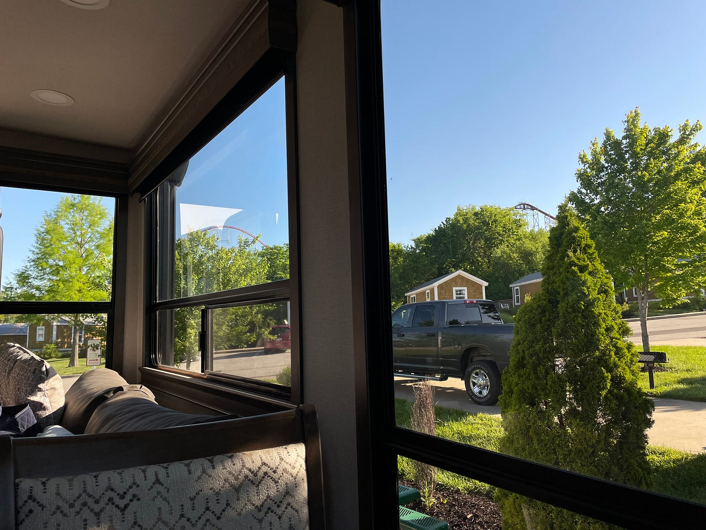 View of roller coaster from our camper windows