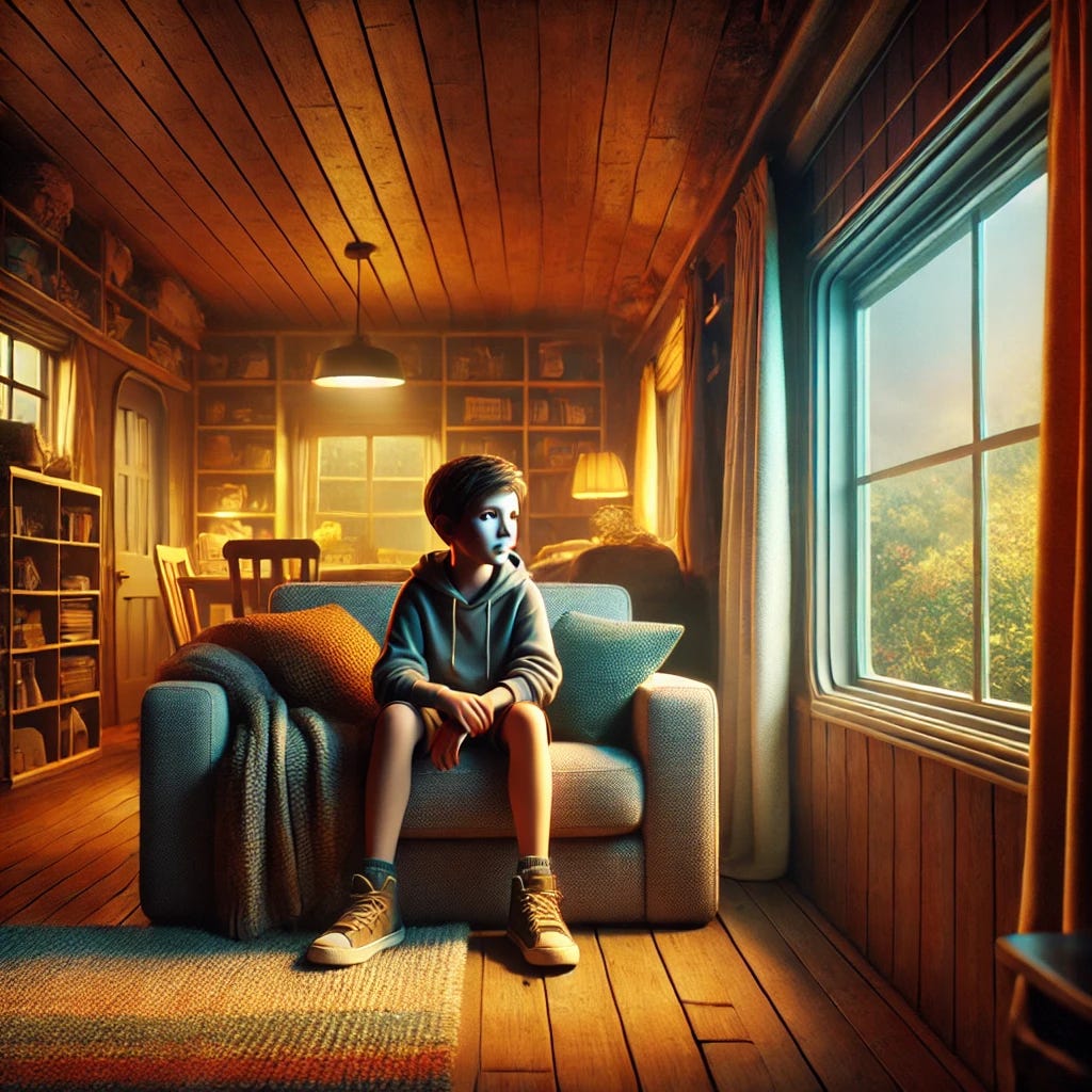 A boy sitting comfortably in a cozy, well-lit room with soft furniture and warm surroundings. He looks relaxed but distant, staring out of a window at a world full of possibilities that he chooses not to explore. The environment around him feels safe and predictable—there’s no sign of challenge or discomfort. The boy's posture is calm but slightly passive, as if content to remain in his comfort zone. Outside the window, vibrant colors and adventure await, but the boy remains inside, avoiding fear and risk.