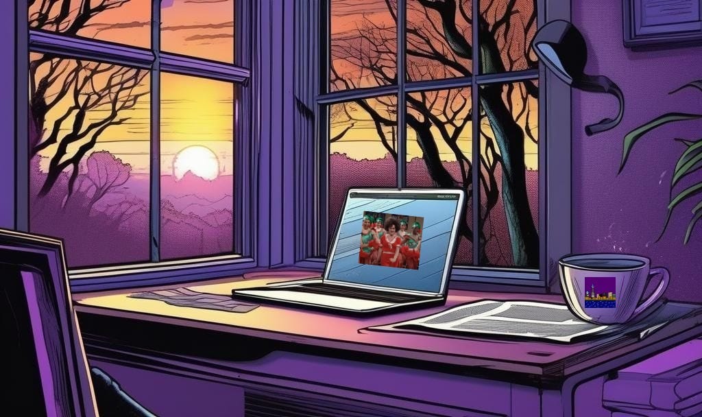Digital image, bathed in SRR Consulting purple, of a desk near corner windows at sunrise. On the desk is an open laptop, newspaper, and coffee mug with the Sara's Fun Facts skyline.