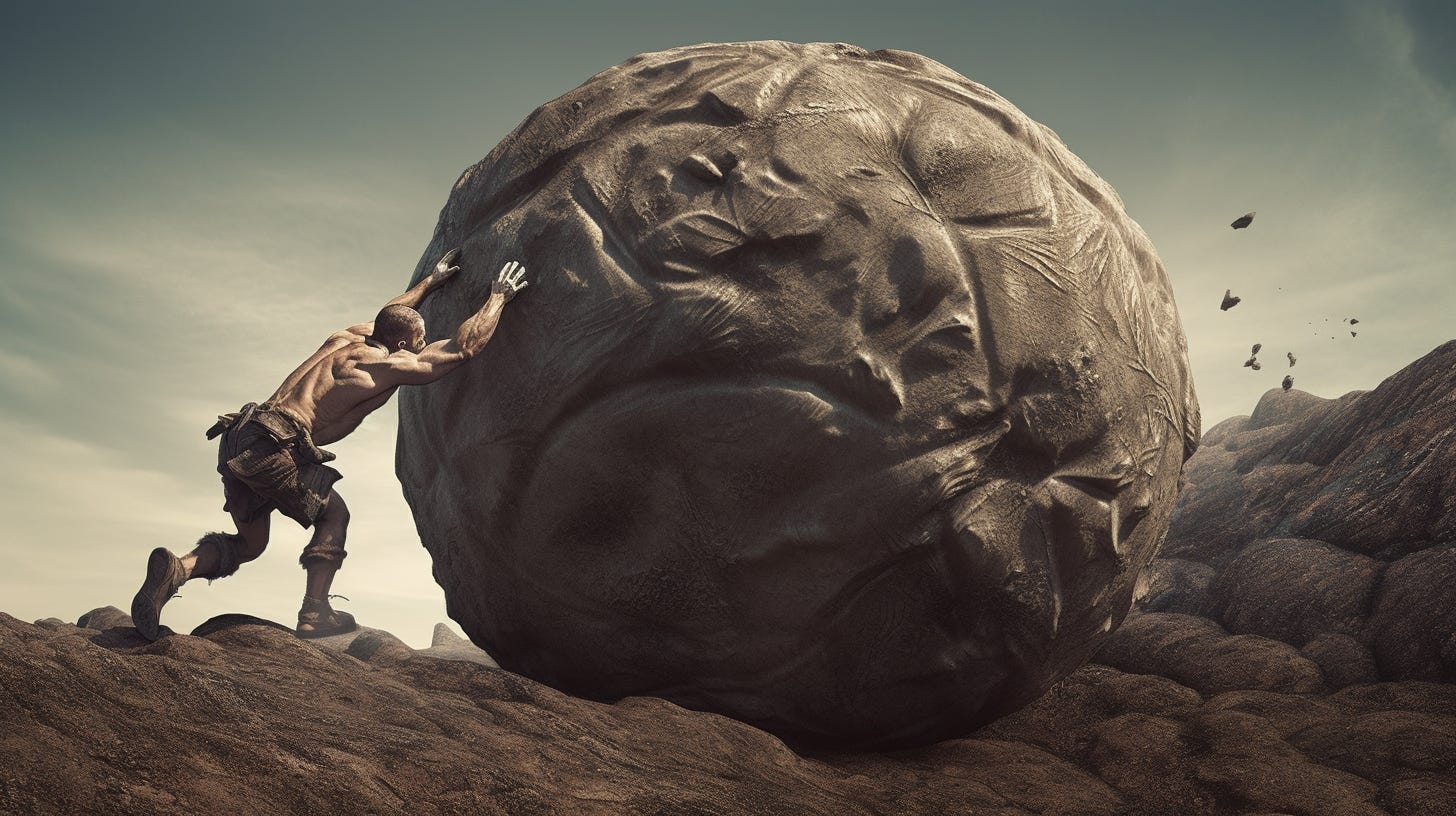 Sisyphus man pushing a boulder up a hill