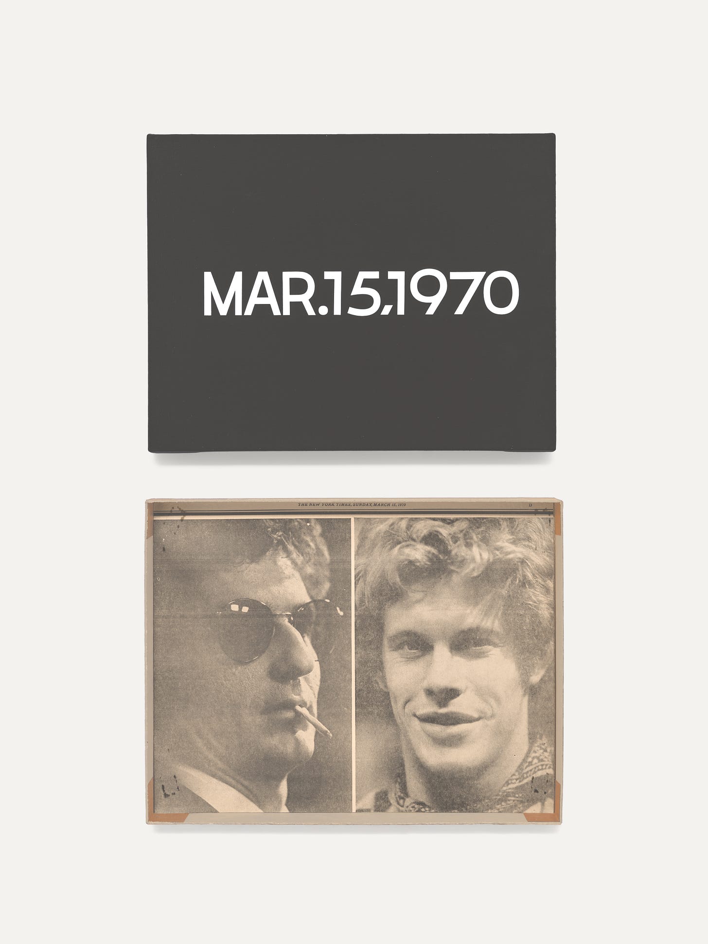 Black and white painting of the date Mar. 15, 1970, with storage box lined with that day's newspaper