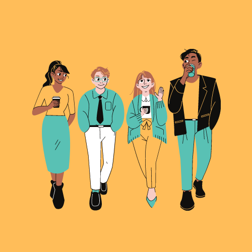 4 people walking near each other drinking out of a cup