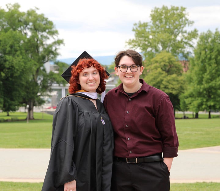a queer couple posing for a graduation photo; the same couple in a mirror selfie