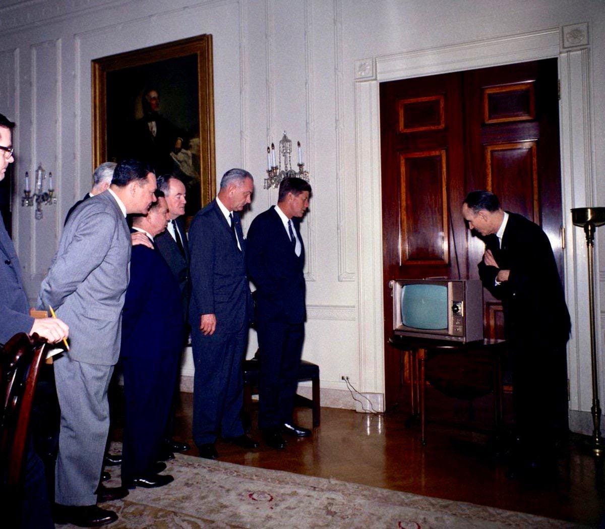 At the White House, LBJ and JFK watch liftoff of John Glenn aboard the Mercury capsule Friendship 7, February 20, 1962. He became the third American in space and the first to At the White House, LBJ and JFK watch liftoff of John Glenn aboard the Mercury capsule Friendship 7, February 20, 1962. He became the third American in space and the first to