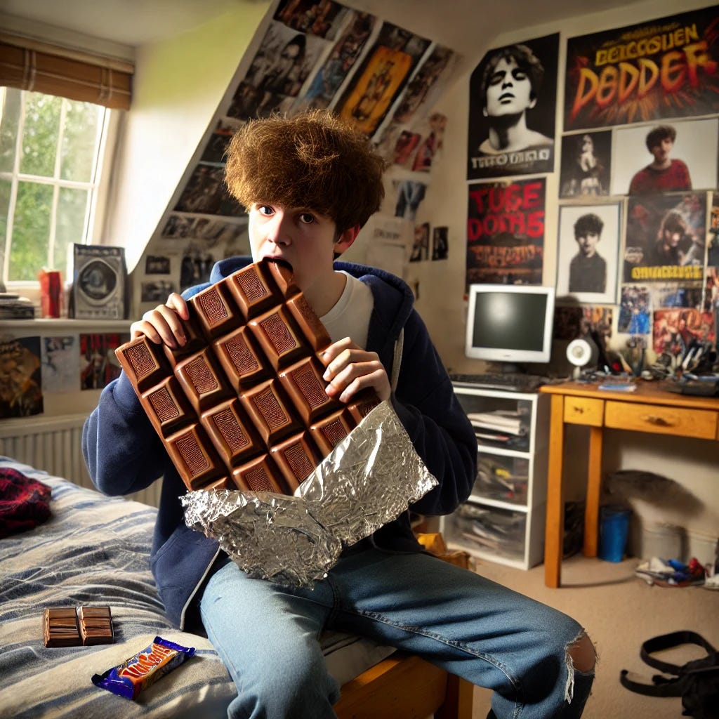 A teenage boy, around 15 years old, with messy brown hair, sitting in his cluttered bedroom. The room has posters on the wall, clothes and books scattered on the floor, and a computer on a desk in the background. The boy is sitting on his bed, wearing a casual hoodie and jeans, holding a giant chocolate bar and taking a big bite. The oversized chocolate bar is wrapped in shiny foil, with some chocolate pieces breaking off. The scene is playful and relatable, perfect for a fun and engaging Substack post thumbnail. A teenage boy, around 15 years old, with messy brown hair, sitting in his cluttered bedroom. The room has posters on the wall, clothes and books scattered on the floor, and a computer on a desk in the background. The boy is sitting on his bed, wearing a casual hoodie and jeans, holding a giant chocolate bar and taking a big bite. The oversized chocolate bar is wrapped in shiny foil, with some chocolate pieces breaking off. The scene is playful and relatable, perfect for a fun and engaging Substack post thumbnail.