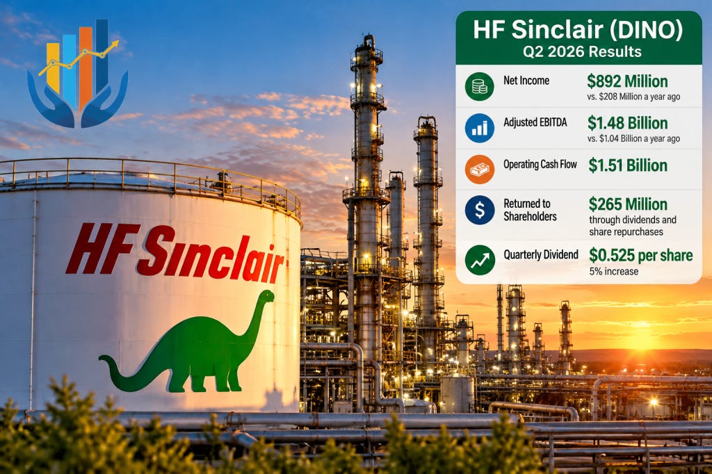 A large oil storage tank with 'HF Sinclair' and a green dinosaur logo is prominently featured, with an industrial facility and sunset in the background. An infographic on the right displays financial results for Q2 2026, including net income, EBITDA, operating cash flow, shareholder returns, and quarterly dividend. A large oil storage tank with 'HF Sinclair' and a green dinosaur logo is prominently featured, with an industrial facility and sunset in the background. An infographic on the right displays financial results for Q2 2026, including net income, EBITDA, operating cash flow, shareholder returns, and quarterly dividend.