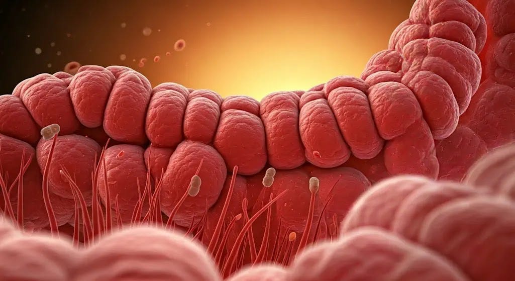 A microscopic view of a healthy small intestine shows diverse gut bacteria, essential for digestive health.