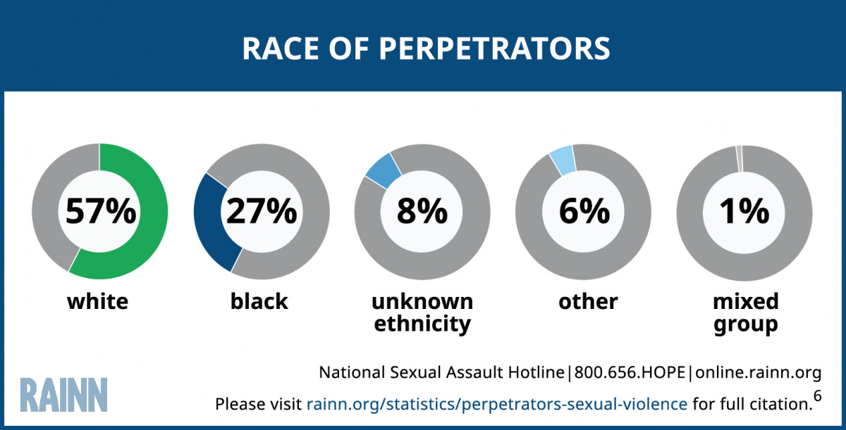 5 circle graphs that represent the percentage of perpetrators by race or ethnicity. 57% of perpetrators are white, 27% are black, 8% are of an unknown ethnicity, 6% are other, and 1% are mixed.