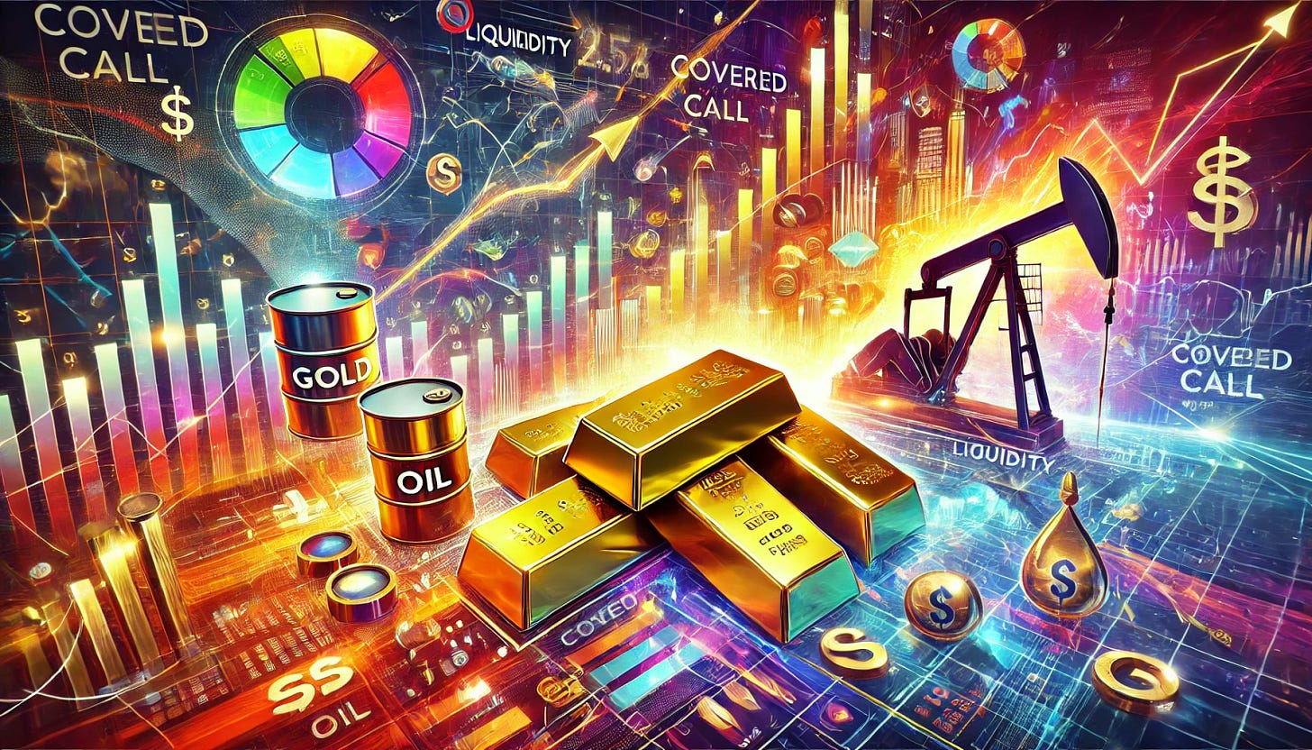 A vibrant and dynamic header image for a blog about liquidity and covered call opportunities in commodities like gold and oil, with elements of the financial sector's volatility. The image should include visuals of gold bars, oil barrels, stock market charts, and option trading symbols. Incorporate a sense of energy and movement, with arrows, graphs, and financial symbols to represent the bustling activity of trading. Use a bright and colorful scheme to highlight the excitement and opportunities in these markets.