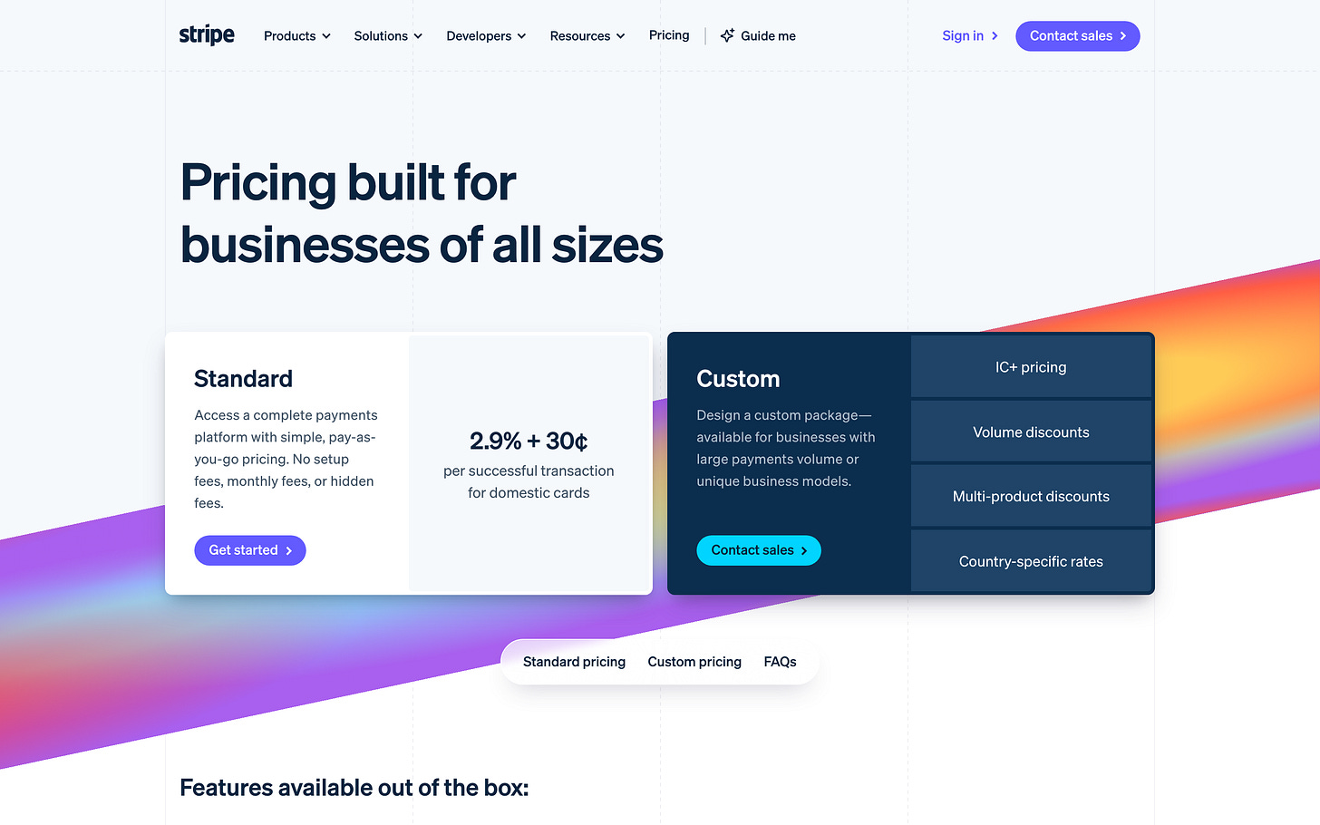 Steal from Stripe: two pricing models — per-transaction and custom — on one page with zero clutter.