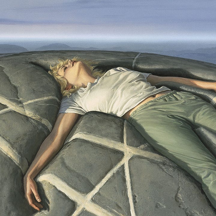 LEFT: Figure detail from GRAVITY featuring a woman in white t-shirt and drab green sweatpants sinking back into a mound of solid gray rock. The surface is marked with curving and intersecting lines that echo a similar contrail hidden mostly behind clouds high in the sky. RIGHT: Close detail from GRAVITY featuring a woman sinking back into a mound of solid gray rock. Her eyes are closed and her face is turned up to the sky.