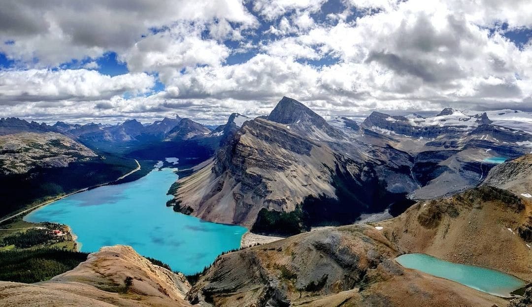 Looking down on two lakes from a mountain top