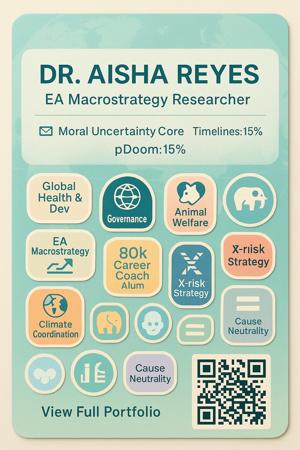 May be a doodle of text that says 'DR. AISHA REYES EA Macrostrategy Researcher Moral Uncertainty Core Timelines:15% pDoom:15% Global Health & Dev Governance Animal Welfare EA Macrostrategy 分 80k Career Coach Alum X-rıisk Strategy X-risk Strategy Climate Coordination Cause Neutrality JE Cause Neutrality View Full Portfolio'
