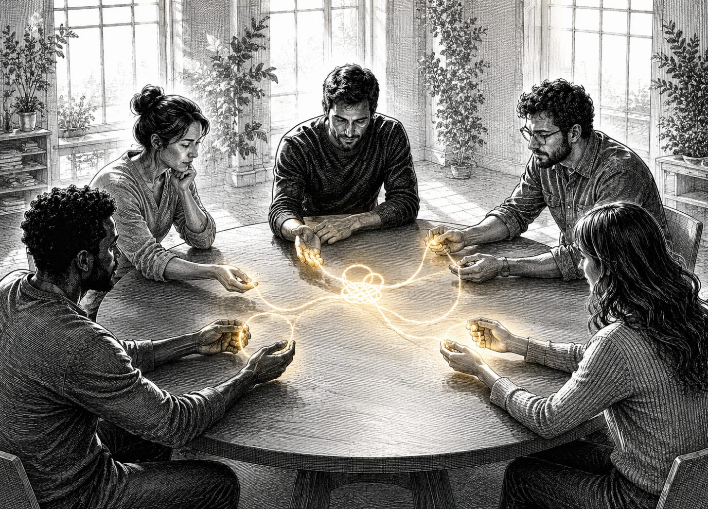 Five people around a bright circular table hold one glowing thread together, echoing trust in group flow.