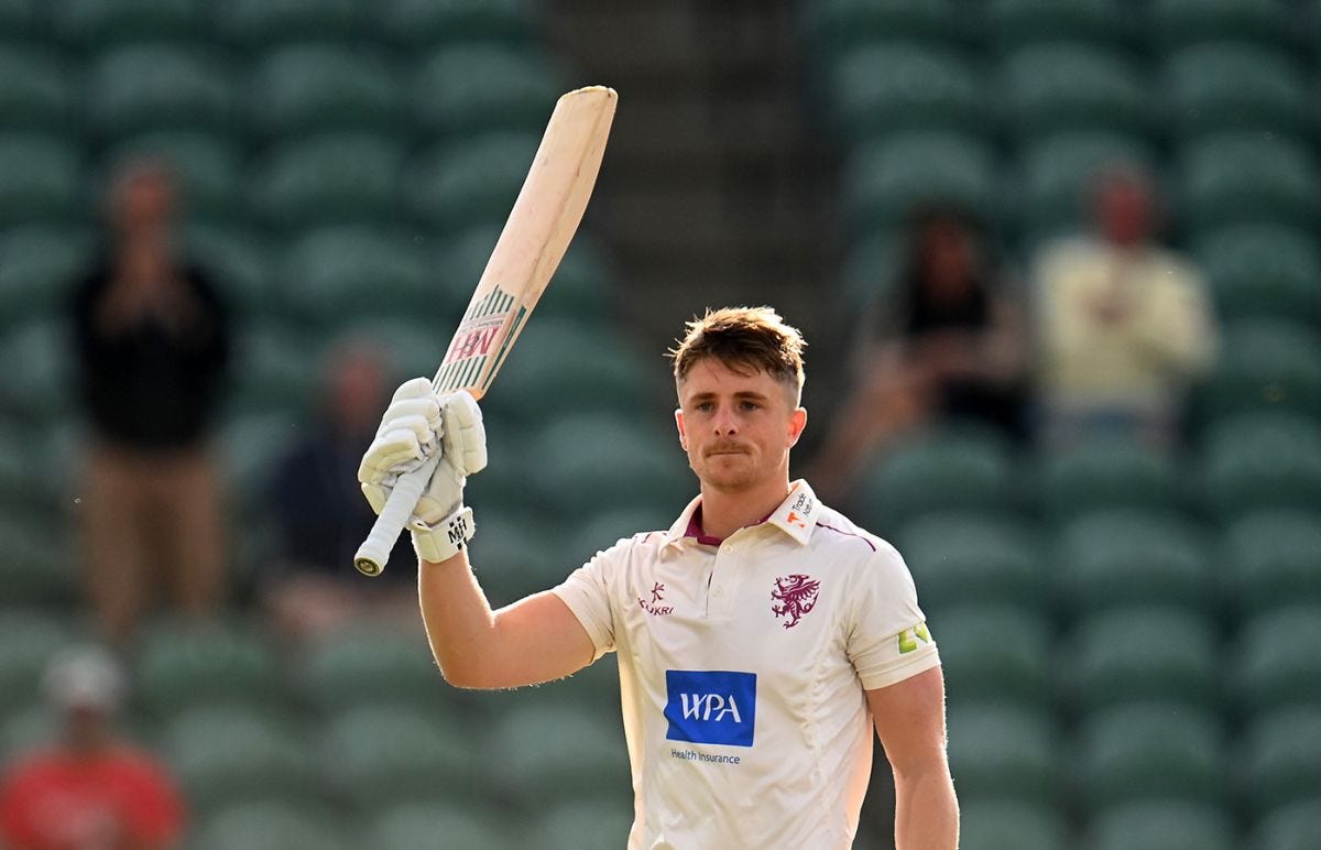 Tom Abell acknowledges his ton, LV= Insurance County Championship, Division 1, Somerset vs Northamptonshire, Taunton, September 20, 2022
