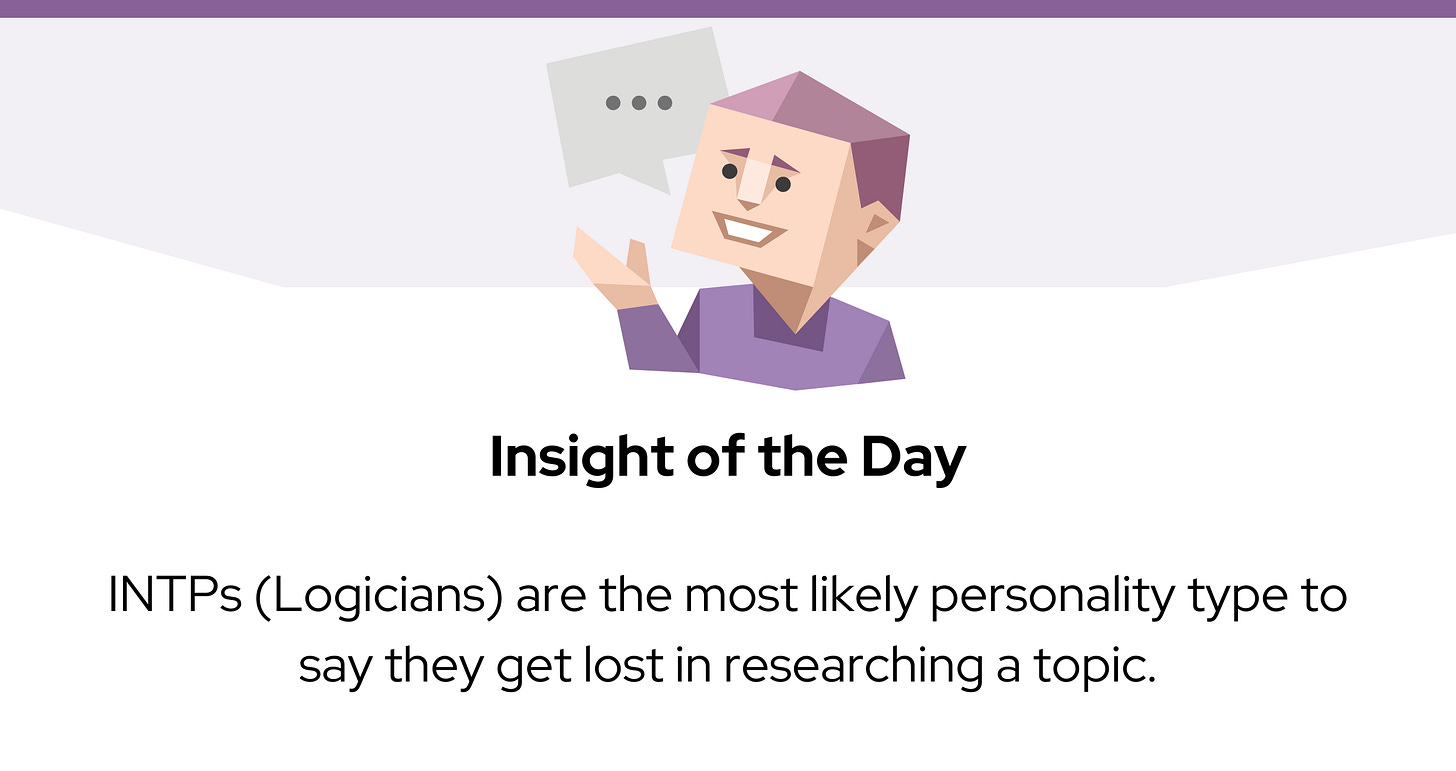 A purple character icon with a speech bubble sits above the text: “Insight of the Day. INTPs (Logicians) are the most likely personality type to say they get lost in researching a topic.” A purple character icon with a speech bubble sits above the text: “Insight of the Day. INTPs (Logicians) are the most likely personality type to say they get lost in researching a topic.”