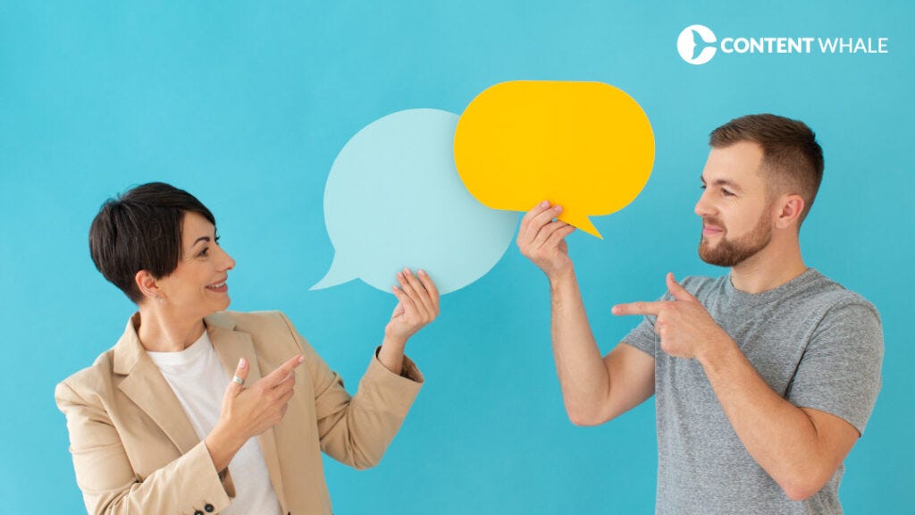 Two corporate types hold cutout speech bubbles up to their own heads in a mock conversation under the watermark of the company Content Whale against a garish cerulean backdrop.