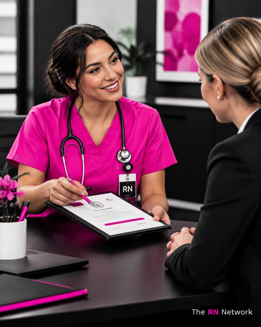 Nurse in pink scrubs discussing a credential document with a hiring manager, with The RN Network logo