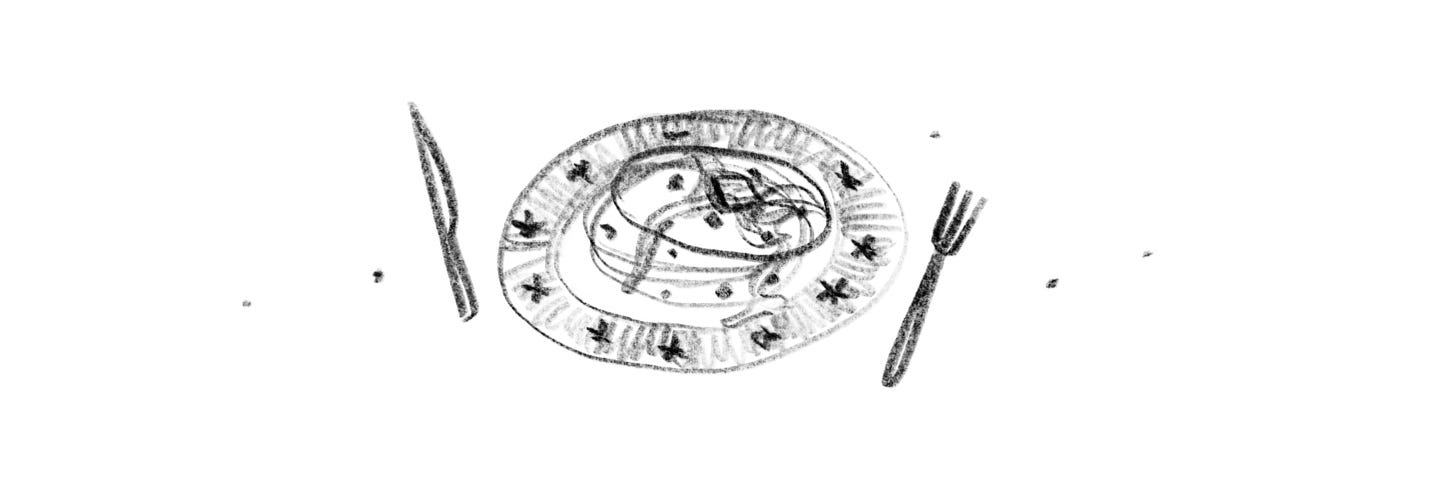 A sketch of a stack of pancakes on a plate, with a pat of butter and maple syrup on top.