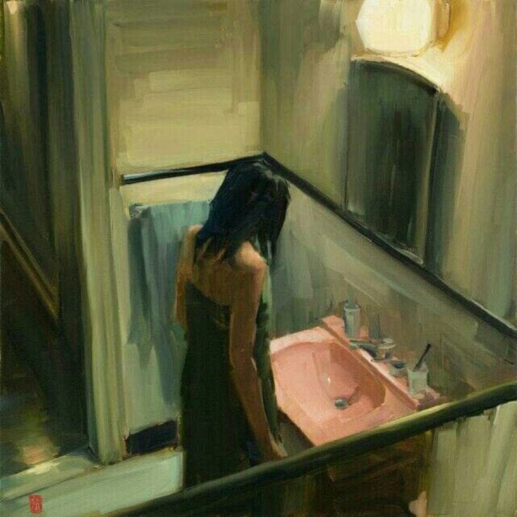 This may contain: a painting of a woman standing in front of a sink and looking at the mirror