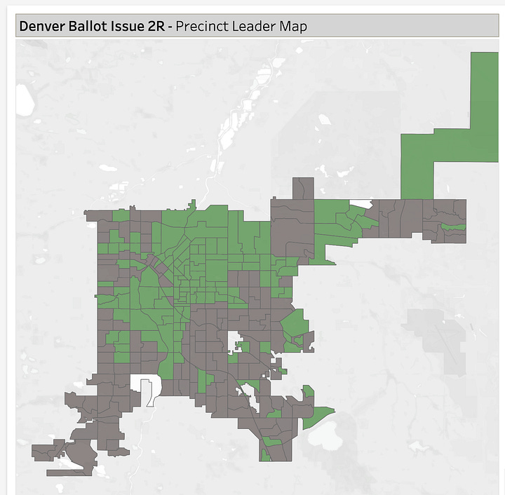 Maps of Denver precincts colored for passing or failing.