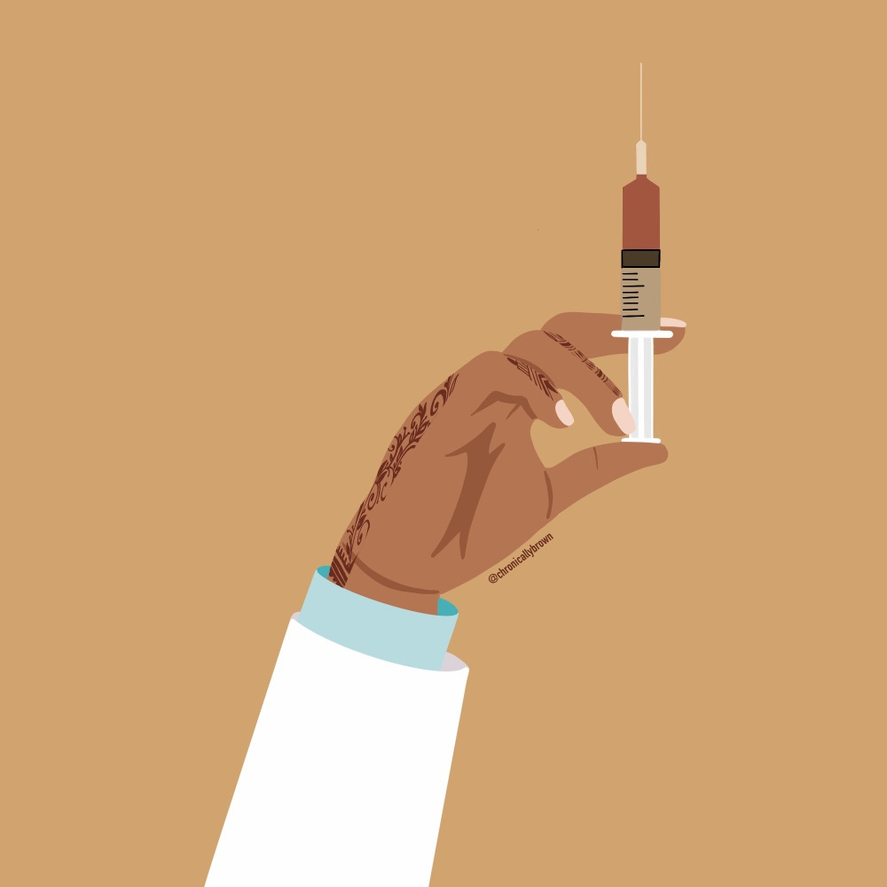 Digital drawing of a doctors arm holding an injection with mehndi on their hand