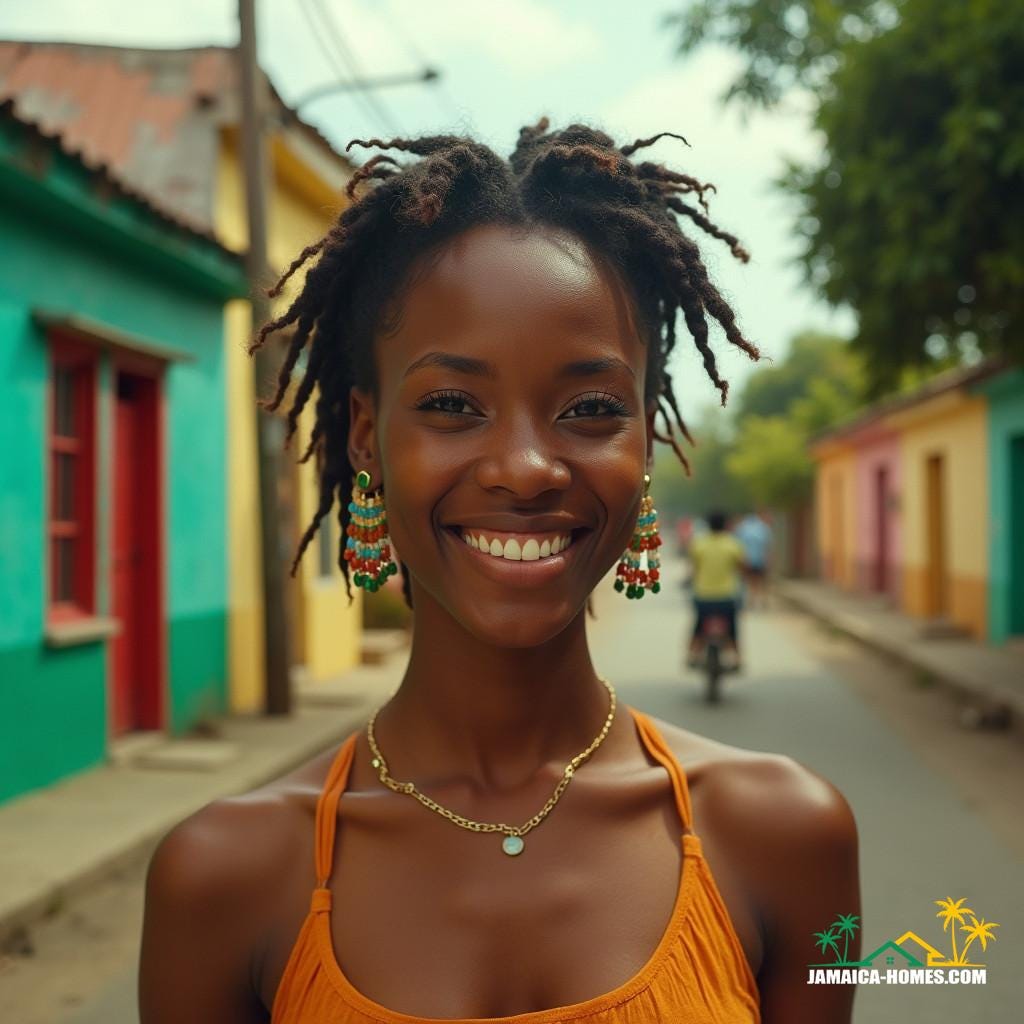 Vibrant Jamaican streets, richly textured and full of life, with beautiful ghetto people going about their daily lives, set against a backdrop