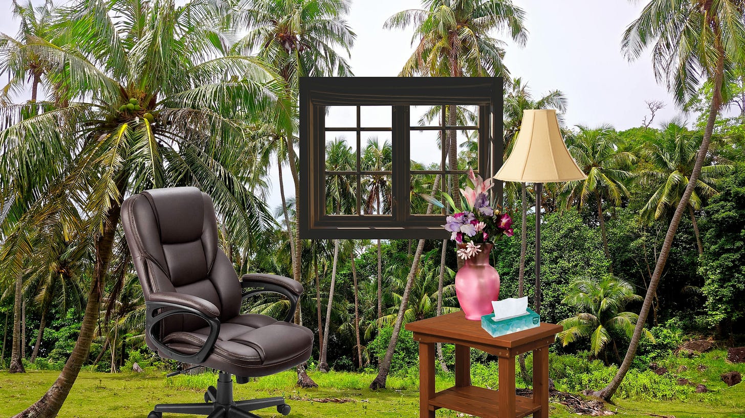 The background is a jungle, with lots of tall palm trees. In the foreground, there is an office chair, a desk with a vase full of flowers and a box of tissues. A window floats in the middle.
