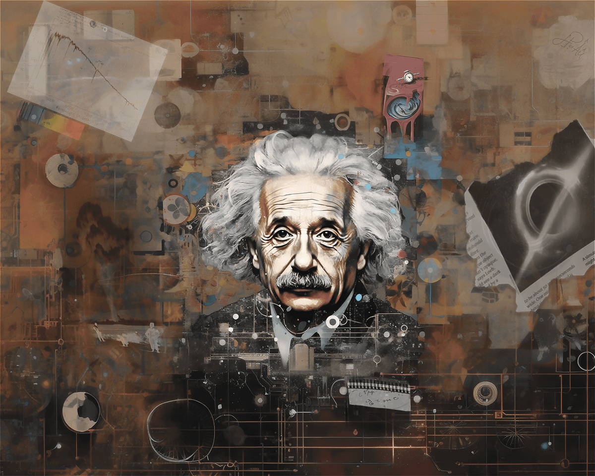"Einstein: Autistic Prophet of Dark Time" original digital by Johnny Profane Âû. An artistic portrait of Albert Einstein emerges from a chaotic background of geometric shapes, mathematical equations, and nostalgic items. The juxtaposition of Einstein's pensive expression with the fragmented, textured layers suggests a brilliant mind constantly at work. The earthy color palette and collage-like composition create a sense of depth and complexity, inviting the viewer to explore the inner workings and influences behind Einstein's groundbreaking ideas. Digital tools included AI. "Einstein: Autistic Prophet of Dark Time" original digital by Johnny Profane Âû. An artistic portrait of Albert Einstein emerges from a chaotic background of geometric shapes, mathematical equations, and nostalgic items. The juxtaposition of Einstein's pensive expression with the fragmented, textured layers suggests a brilliant mind constantly at work. The earthy color palette and collage-like composition create a sense of depth and complexity, inviting the viewer to explore the inner workings and influences behind Einstein's groundbreaking ideas. Digital tools included AI.