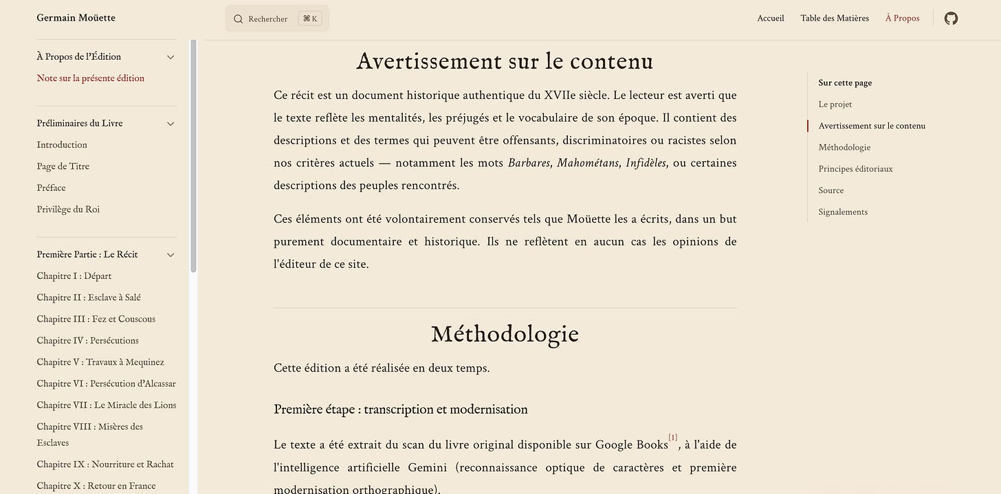The book site’s “Avertissement sur le contenu” page, explaining that the text preserves historically offensive terminology with scholarly context, followed by the editorial methodology