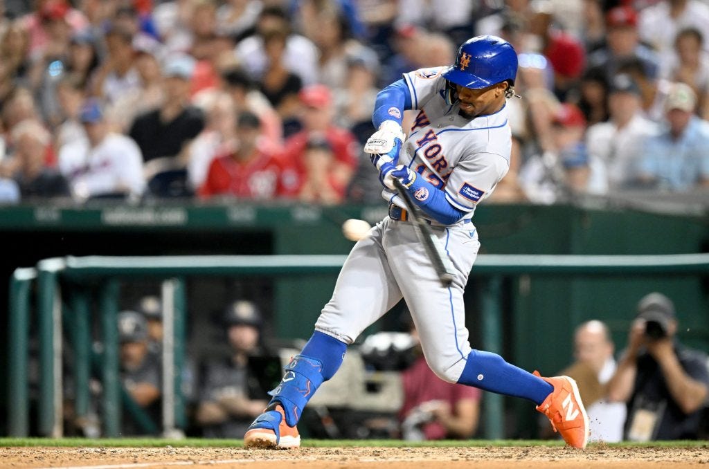 Francisco Lindor drives in three runs with a single in the sixth inning against the Washington Nationals at Nationals Park on May 12, 2023 in Washington, DC.