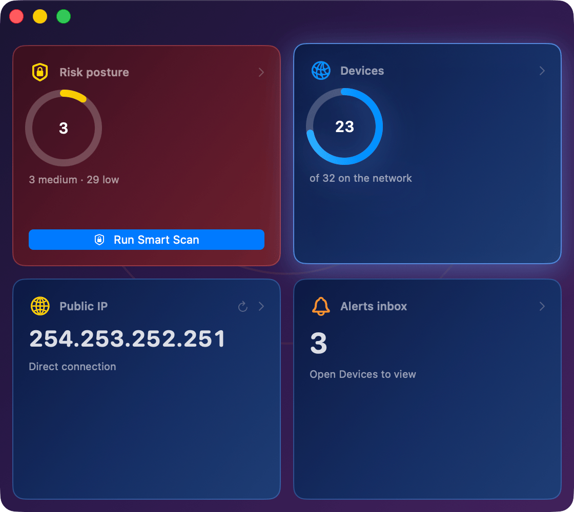 Netfox in its widget shape: four tiles filling a small window — risk posture at 3 medium and 29 low, 23 devices of 32 on the network, the public IP on a direct connection, and 3 alerts — with every figure on screen at once Netfox in its widget shape: four tiles filling a small window — risk posture at 3 medium and 29 low, 23 devices of 32 on the network, the public IP on a direct connection, and 3 alerts — with every figure on screen at once