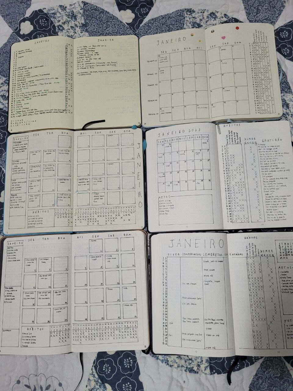 6 cadernos abertos com o planejamento do mês de janeiro, cada um num formato. 6 cadernos abertos com o planejamento do mês de janeiro, cada um num formato.