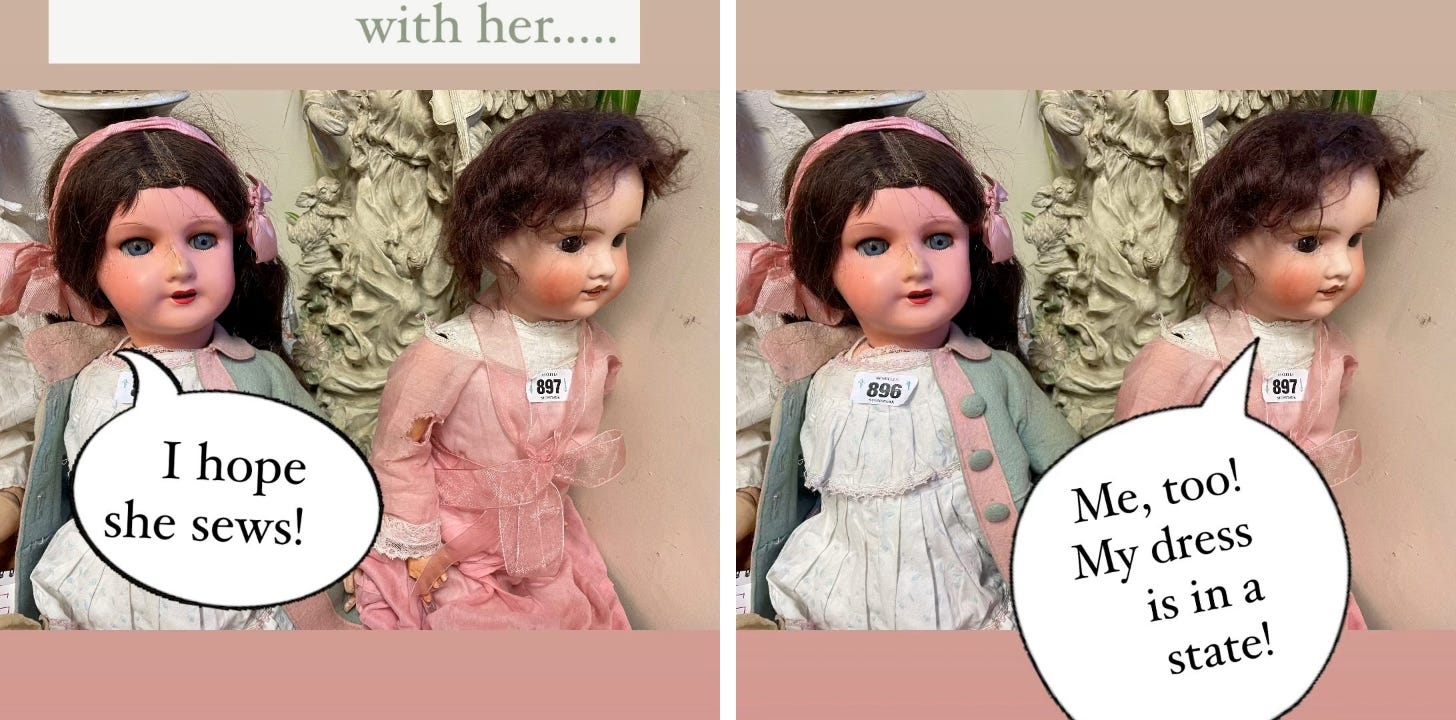 Two dolls with speech bubbles expressing their hope that I will mend them.