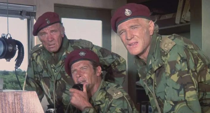 Richard Burton, Roger Moore and Richard Harris as mercenaries in The Wild Geese