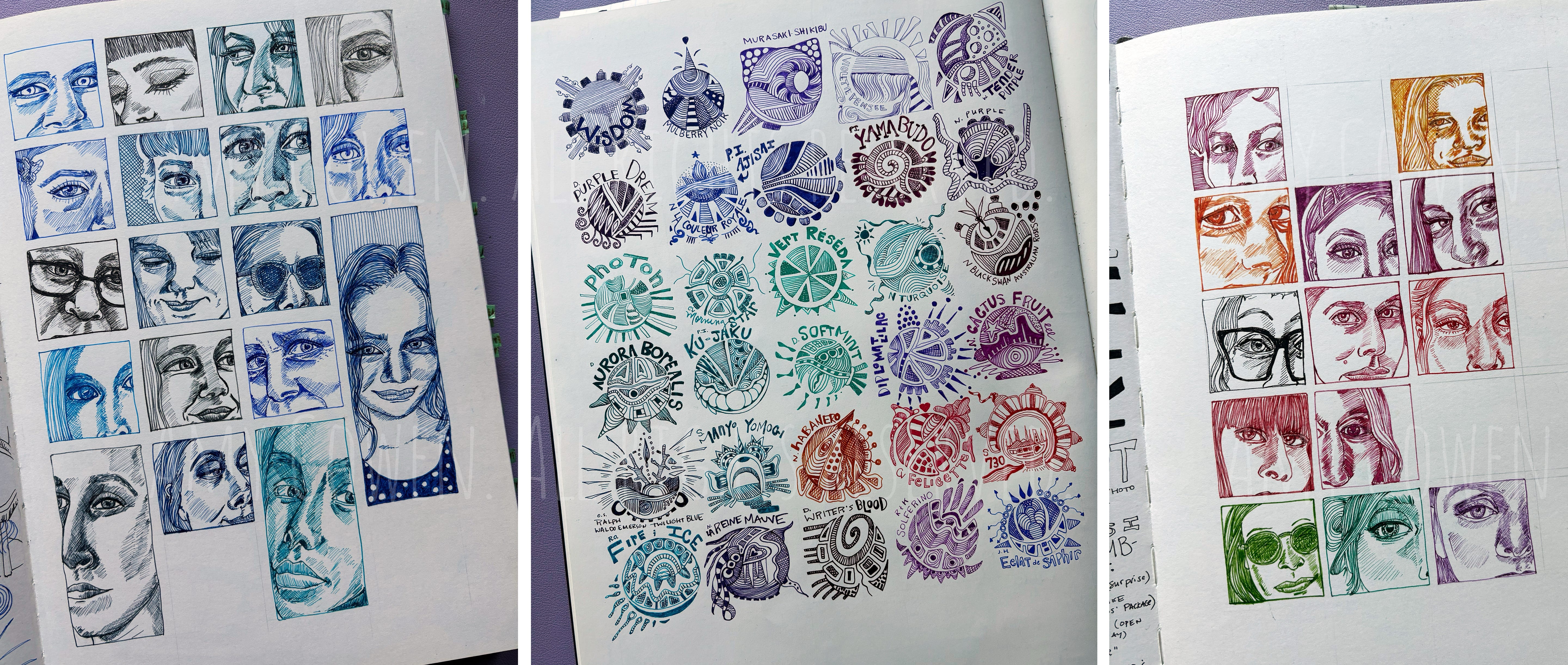 Pages in an illustrated journal that demonstrate a grid layout Pages in an illustrated journal that demonstrate a grid layout