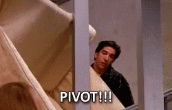 Ross, from the TV show, Friends, holding a couch in a stairwell and shouting, "Pivot!" Ross, from the TV show, Friends, holding a couch in a stairwell and shouting, "Pivot!"